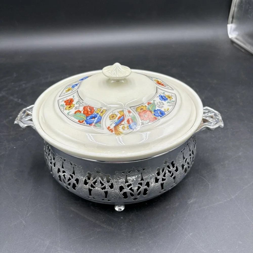 Vtg Hall China Forman Bros Round Casserole Dish Floral Birds Vented Lid Covered